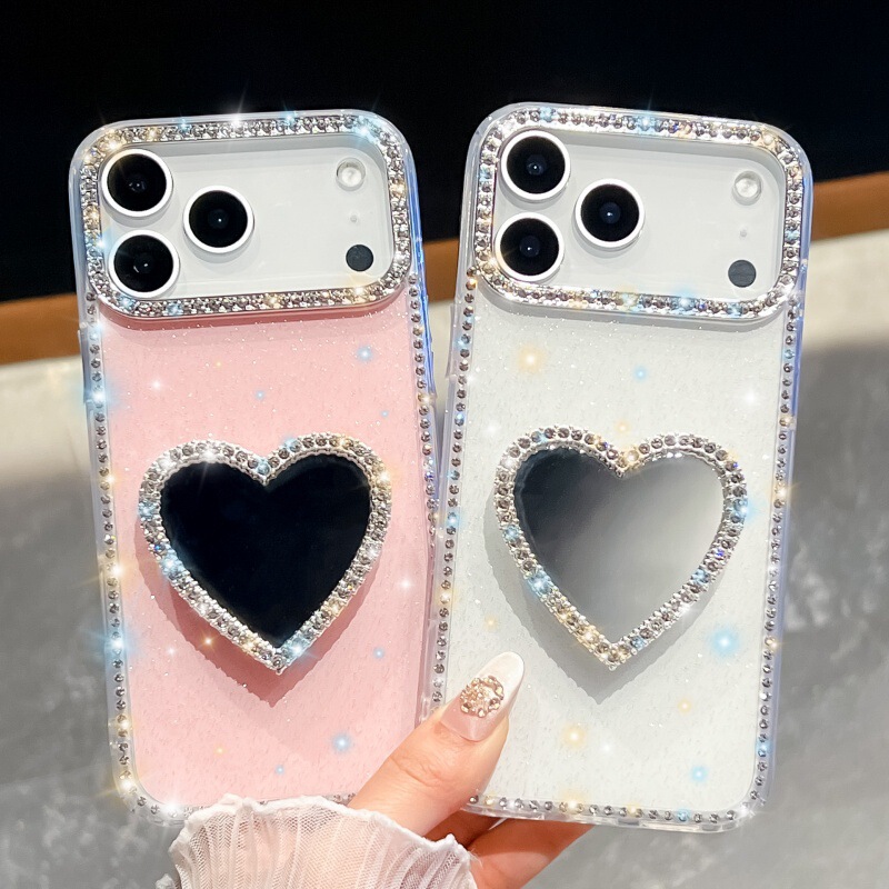闪钻边框补妆镜子适用苹果17手机壳iPhone16promax奢华爱心支架15|undefined