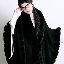 复古加大码宽松不规则仿獭兔毛领斗篷披肩女中长款纯色披风外套厚