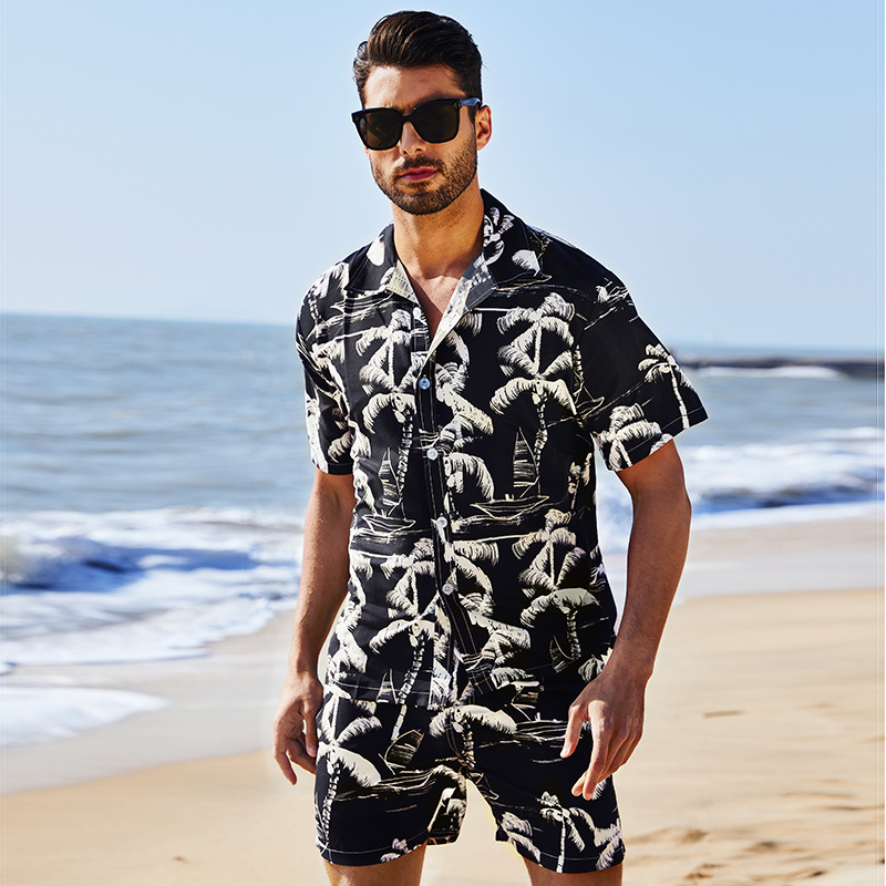 2024 nueva venta caliente hawaiana impresión transfronteriza trajes de playa de moda hombre guapo camisa de manga corta pantalones cortos grandes