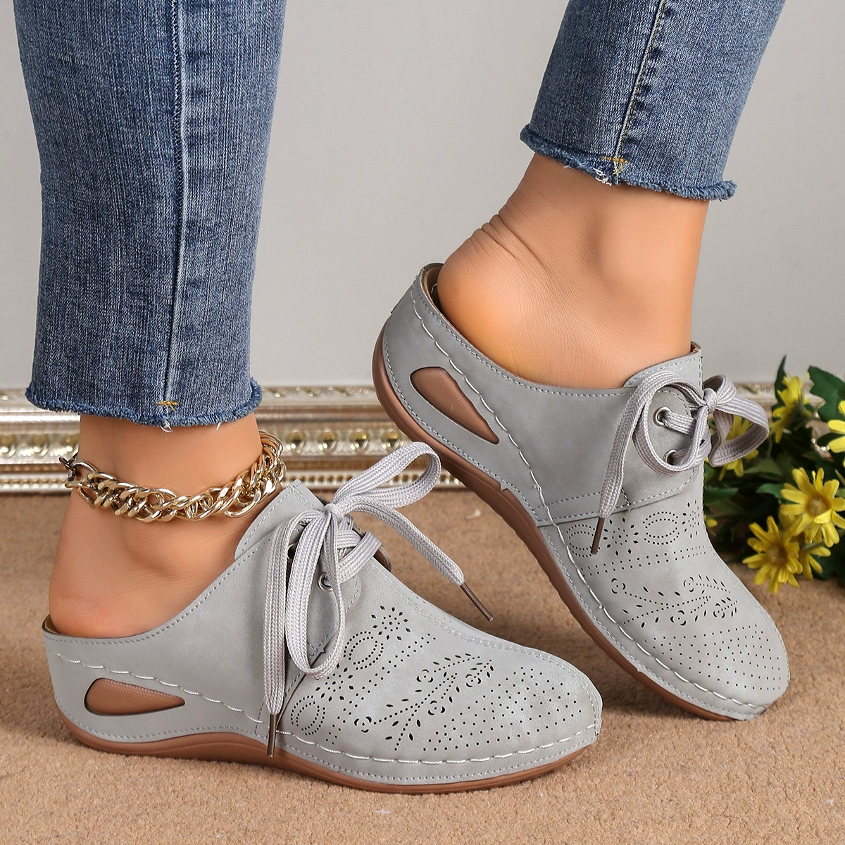 Imported Summer Platform Slippers, Perforated Lace-Up, Plus Size, Comfortable Sole, White/Black/Grey