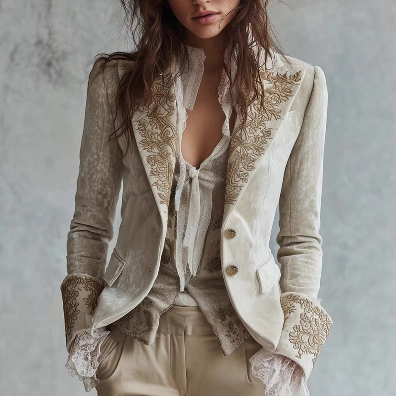 2025 European and American Women's Fashion Velvet Pocket Blazer with Printed Lapel and Flared Sleeves, Long-Sleeve Blazer, Small Blazer