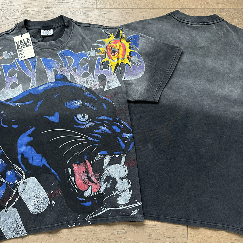 Camiseta de Algodón de Manga Corta Lavada, Corte Holgado y Letras con Pedrería para Hombre y Mujer | Transpirable