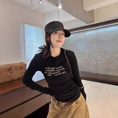 南油高品2025秋冬新款字母印花假两件长袖T恤女