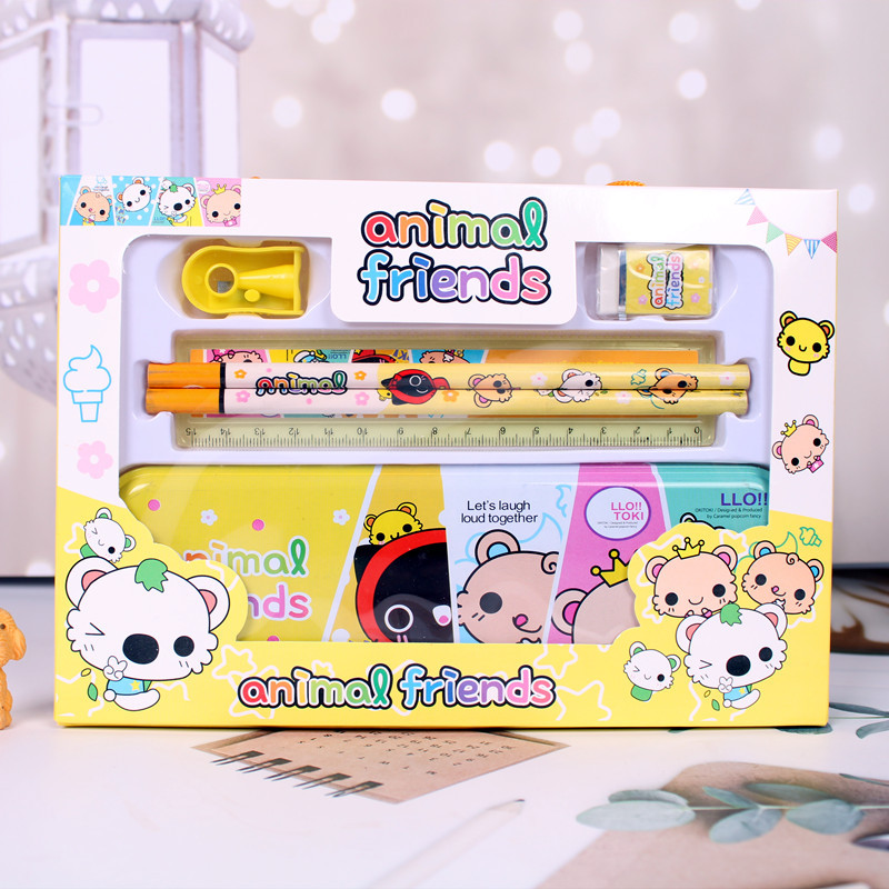 Creativo de dibujos animados estudiante papelería traje de niños portátil de seis piezas conjunto kindergarten caja de regalo Premio caja de papelería al por mayor