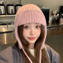 粉色针织毛线帽女秋冬季韩系百搭显脸小飞行帽保暖护耳雷锋帽子冬