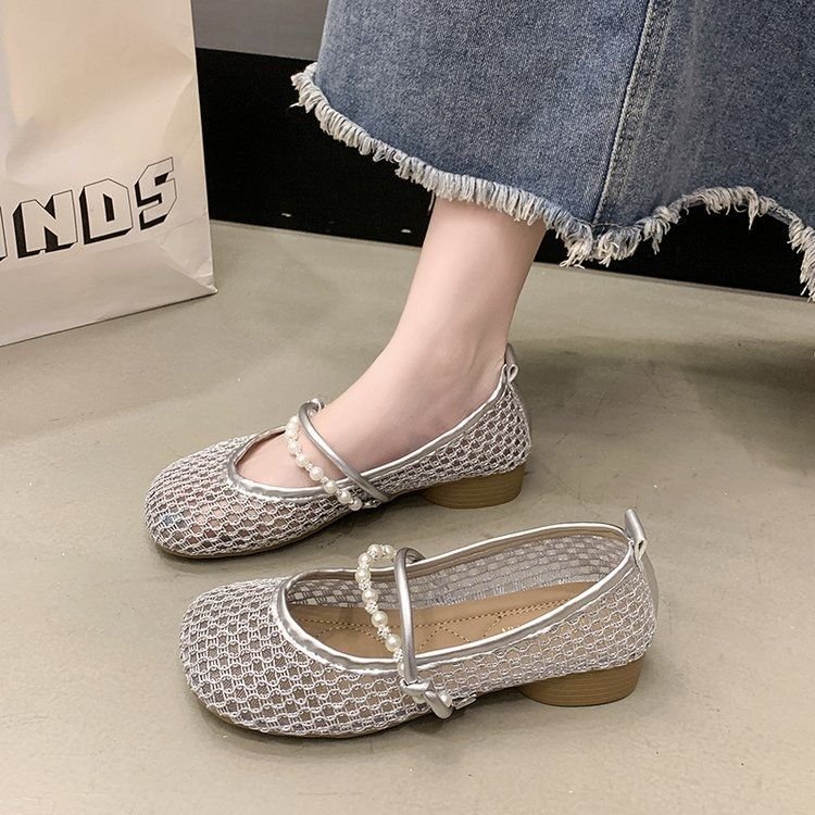 Zapatos de tacón grueso de un solo pie, zapatos de mujer de verano 2026 nuevos zapatos de red de tacón bajo de estilo francés agujado image 7