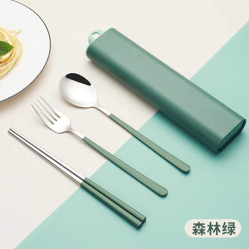 304ステンレススプーン携帯食器スプーンフォークセット滑り止め箸韓国式かわいい学生旅行食器箱|undefined