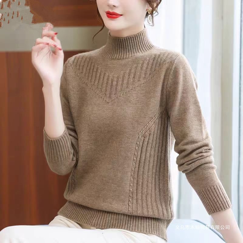 中年妈妈装冬季毛衣女套头短款宽松半高中领打底针织衫加厚高品质
