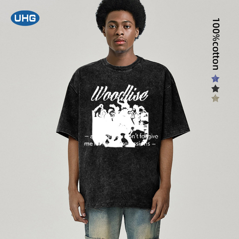 Summer and Autumn New Style Iron Snow Wash Distressed Men's T-Shirt, High Street Retro Oversize Trendy Brand Printed Short-Sleeve Top