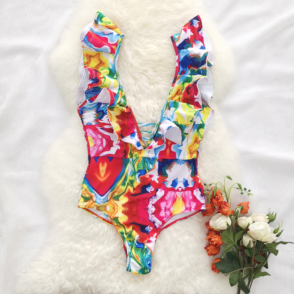 One-Piece Tie-Dye Printing Deep V-neck Backless High Waist Swimsuit - One Piece Swimsuit - Uniqistic.com