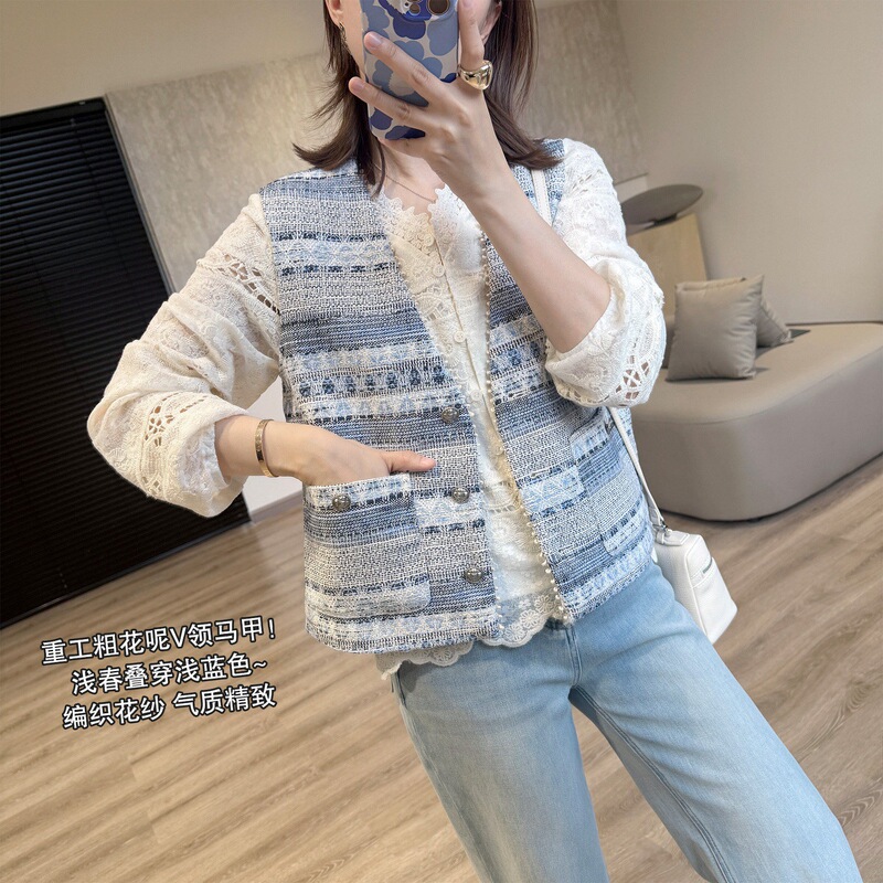 Zedaijiayi Heavy-Duty Tweed V-Neck Vest! Light Spring Layering with Blue Ethnic Style Embroidered Short Vest Zedaijiayi Heavy-Duty Tweed V-Neck Vest! Light Spring Layering with Blue Ethnic Style Embroidered Short Vest