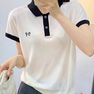 2025 New Summer Design Korean Style Lapel Bow Short-Sleeved Knitwear T-Shirt Women's Niche Thin Top