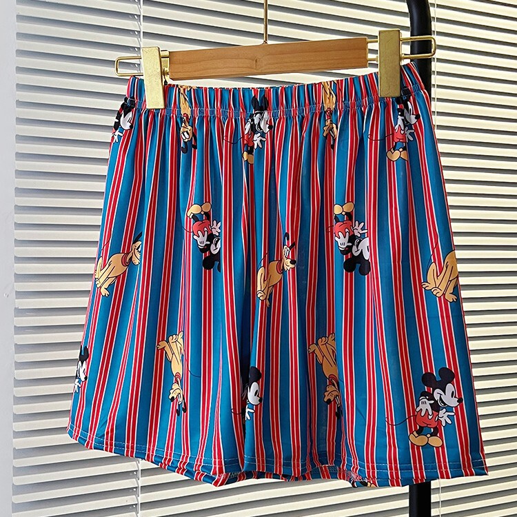 Cute Cartoon Color-Block Striped Pajama Shorts for Women, Summer New Ice Silk Comfortable Skin-Friendly Shorts, Home Pants Suitable for Outdoor Wear