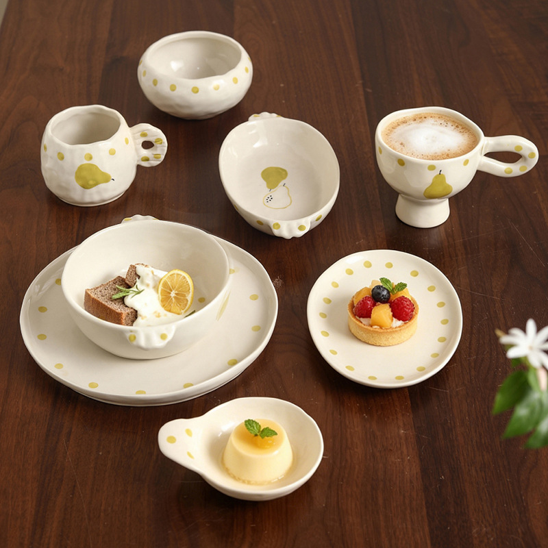 Japanese-style rustic ceramic high-value niche design hand-painted green pear ceramic single-person tableware set with underglaze decoration