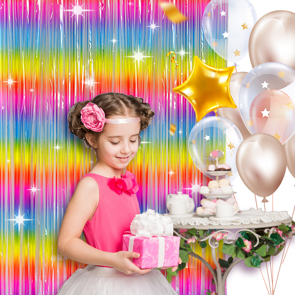 Cross-Border Fluorescent Macaron Gradient Rain Silk Curtain Birthday Party Party Decoration Supplies Door Curtain Background Scene Layout