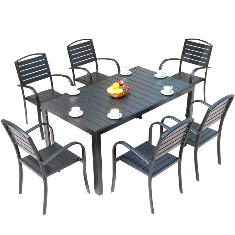 Mesas y sillas al aire libre, restaurantes de ocio, calles comerciales, patios, mesas y sillas de madera de plástico, combinación de mesas y sillas resistentes a la corrosión de aleación de aluminio