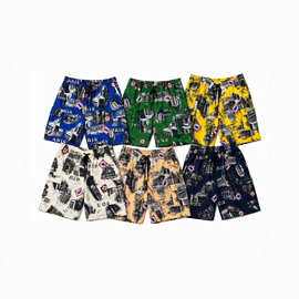 欧式建筑满印工装短裤 男款宽松抽绳五分裤 多口袋潮牌休闲中裤