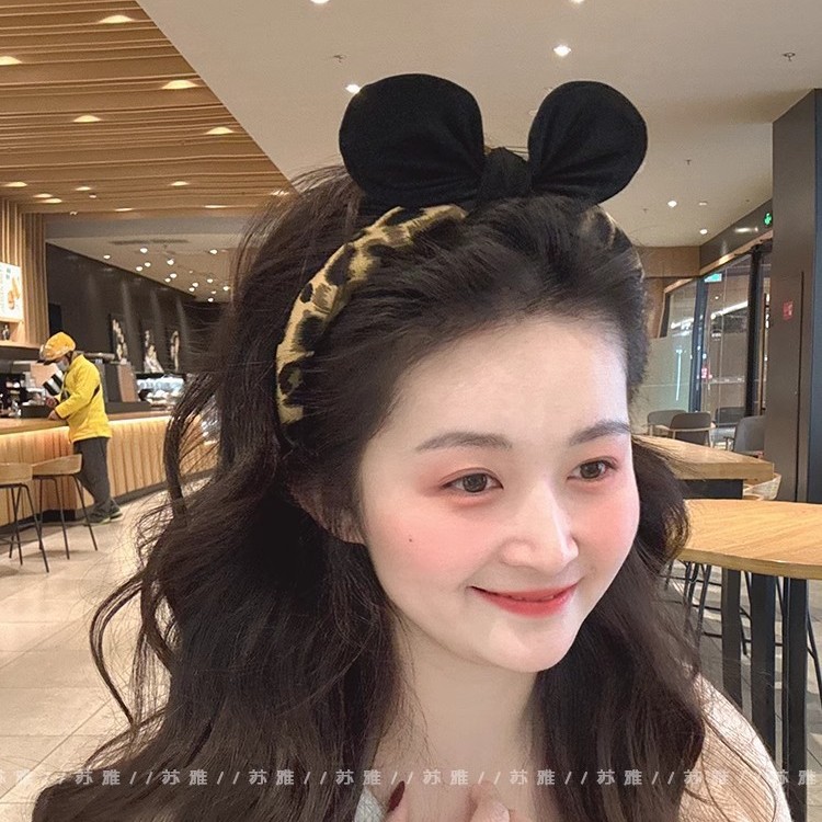 可爱立体兔耳朵蝴蝶结发夹豹纹海绵发箍女2024新款高颅顶洗脸头箍