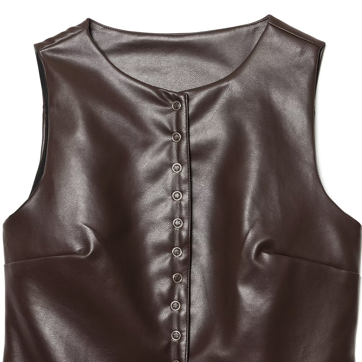 Myst & Za ropa de mujer 2026 primavera nueva moda simple versátil botón de cuello redondo decoración chaleco de cuero PU sin mangas image 2