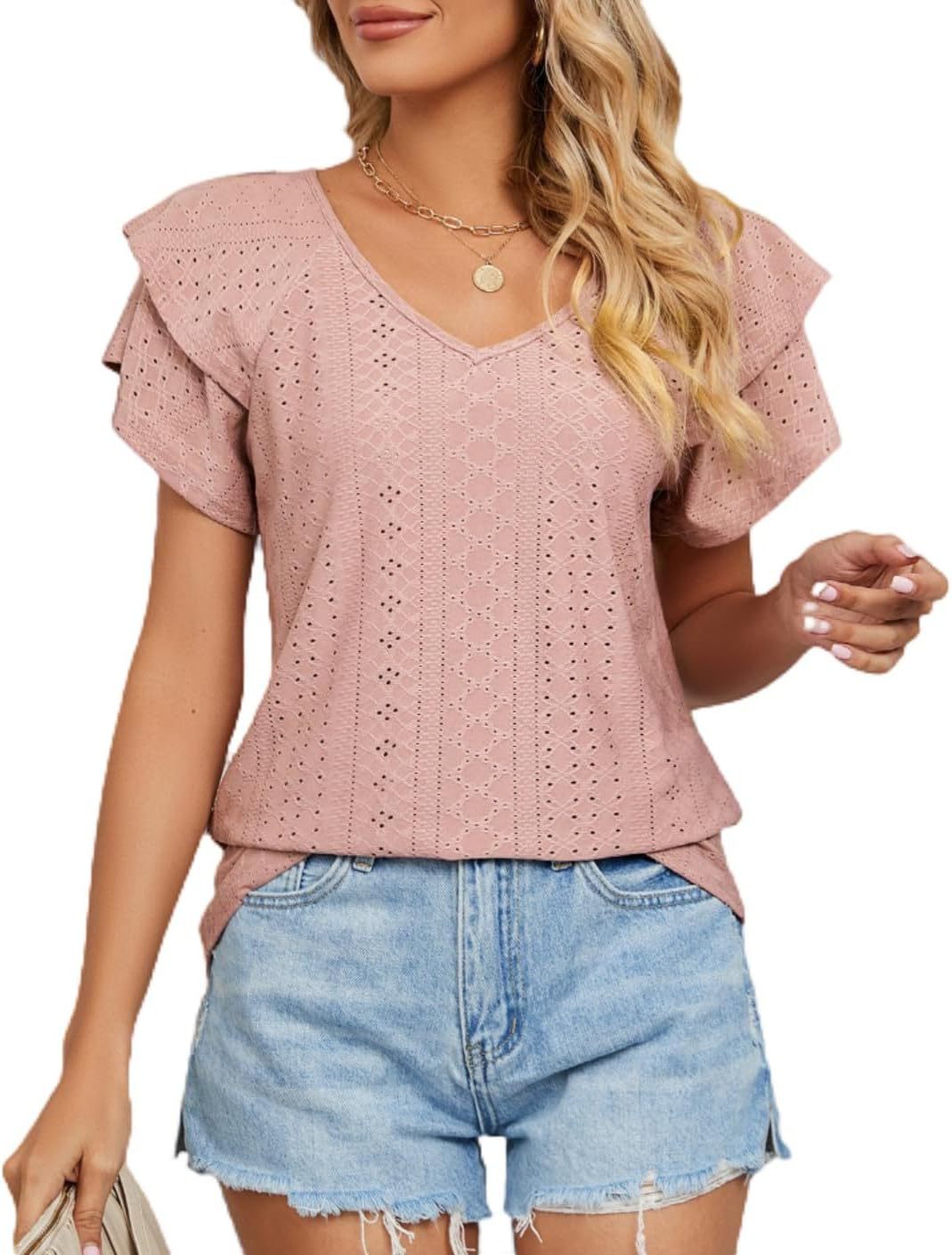 2025 transfronterizos Europa y América primavera y verano nuevo cuello hueco collar manga de hoja de loto camiseta de manga corta camiseta casual chaqueta de mujer