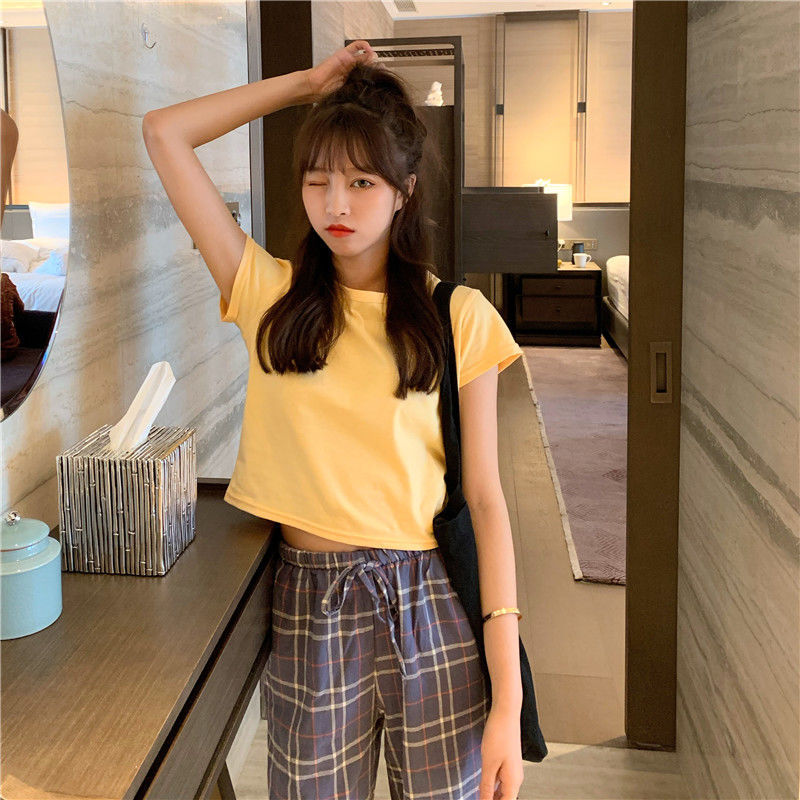 Top corto de manga corta a la moda, color caramelo, cintura alta, color sólido, conjunto de mejores amigas, camiseta de verano para estudiantes, para mujer, 2025