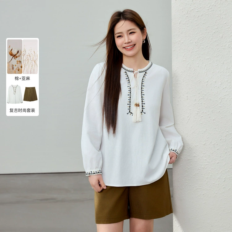 [Свободная ленивая дышащая льняная рубашка брюки] Funny Show большой размер женский толстый mm2025 весенний новый