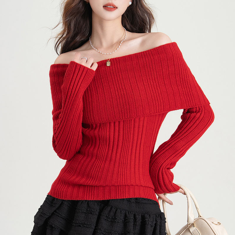 Pure Desire Off-Shoulder Sweater for Women 2026 Spring and Autumn New Style High-End Slim Fit Base Shirt with Waist-Cinching Knitted Top Pure Desire Off-Shoulder Sweater for Women 2026 Spring and Autumn New Style High-End Slim Fit Base Shirt with Waist-Cinching Knitted Top
