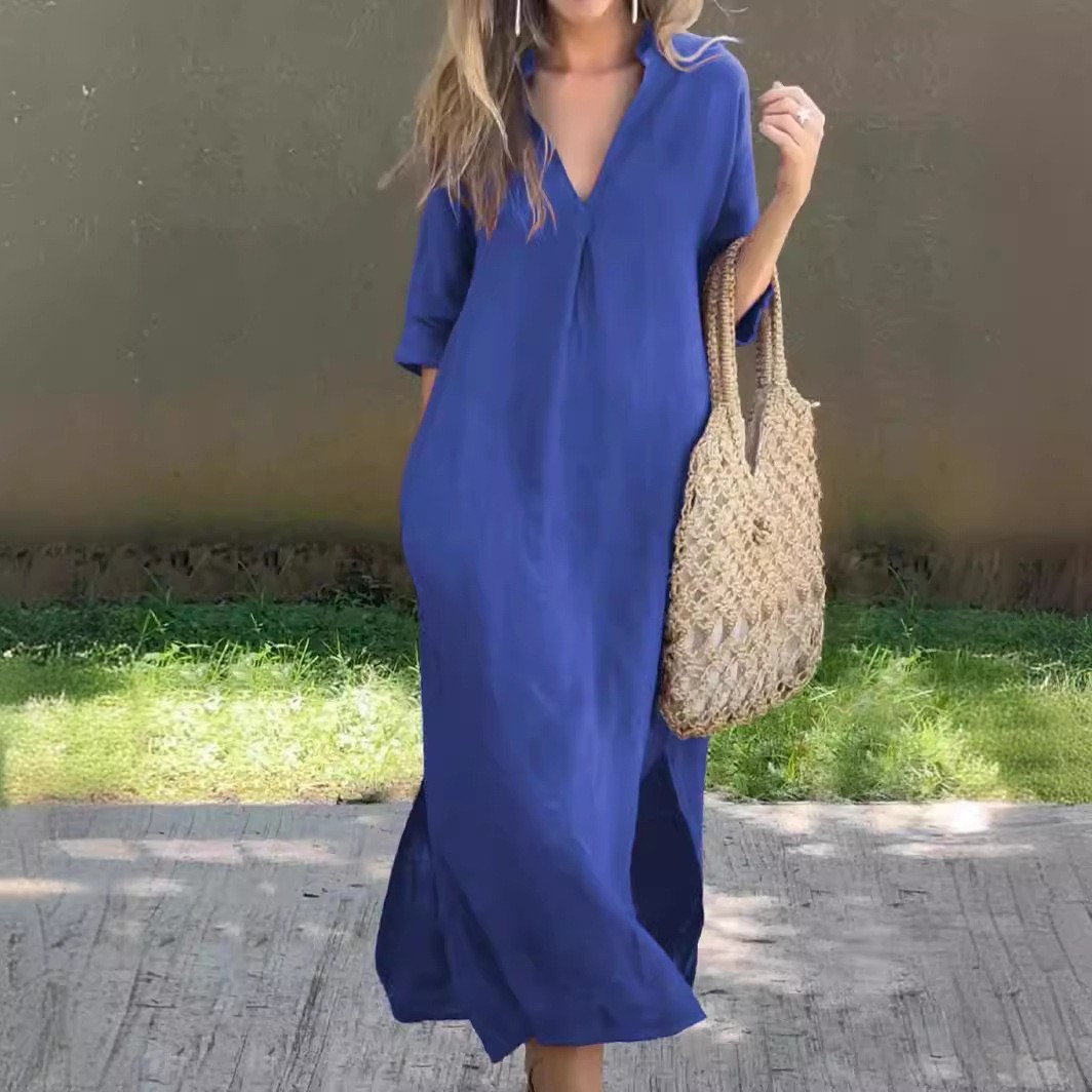 Rochie de vară pentru femei, 2024, cu buzunare laterale, decolteu în V, mânecă de 18 cm, model crimson, cu imprimeu floral_voghion.com
