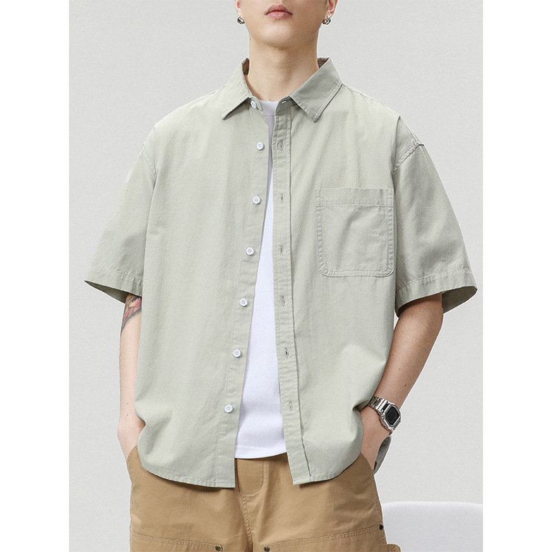 Mingge | Japanese Simple Trendy Brand Pure Cotton Short-Sleeved Shirt for Men Summer New Loose Casual Lapel Shirt for Men