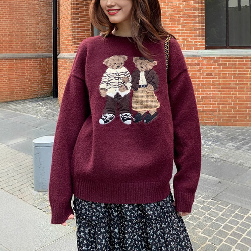 Retro Cartoon Bear Embroidered Crew Neck Knit Sweater for Women - Autumn New Arrival Loose Fit Sweater for Small Figures