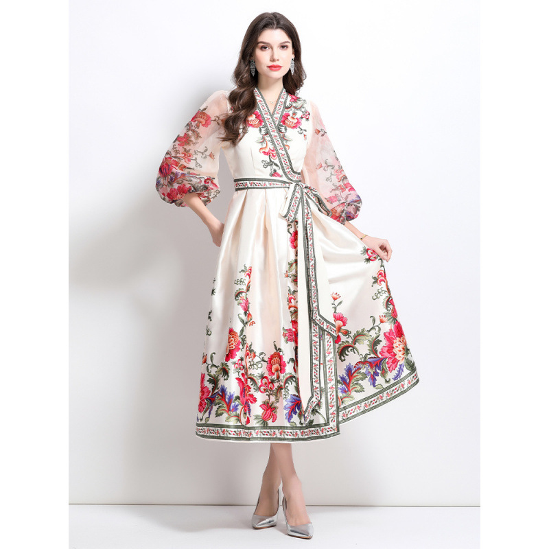 GRETA 2025 Spring New V-neck Ethnic Print Satin Wrap Long dress