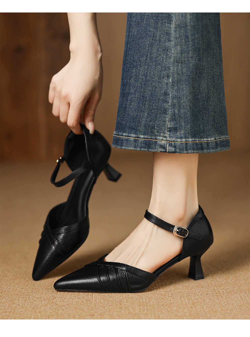 Giày sandal cao gót nữ quai ngang mũi nhọn da cừu gót 5,5 cm — đen chi tiết 14