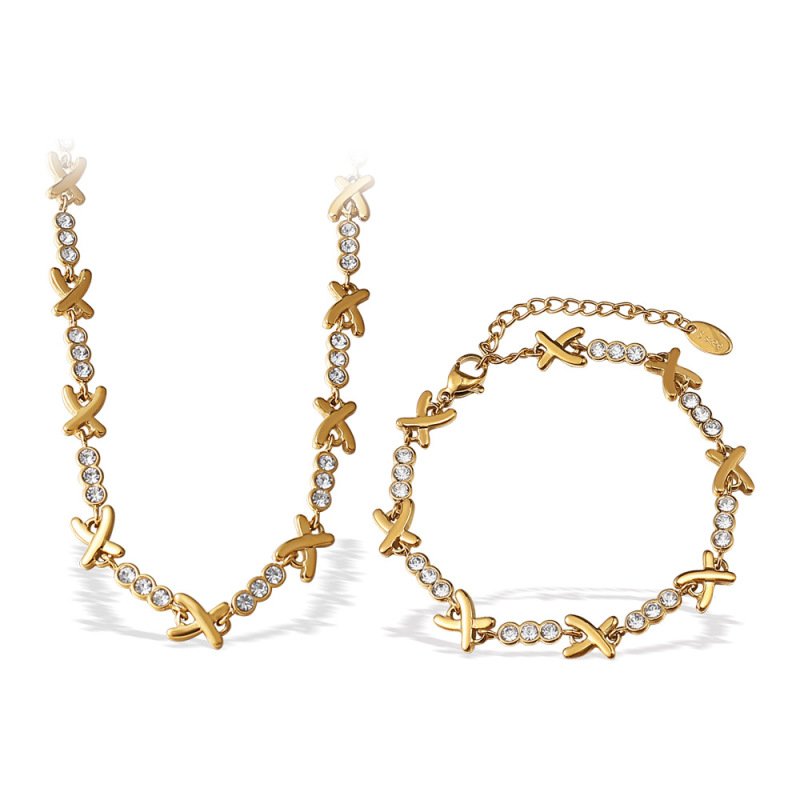 Qianbaiyi ジルコンホワイトダイヤモンドブレスレットステンレス鋼メッキ 18 K ゴールド X 字型ネックレス絶妙なファッションネックレスハンドジュエリー卸売|undefined