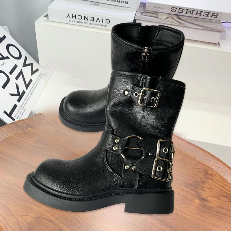 Girls' Boots Autumn and Winter New Style Belt Buckle Knight Cowboy Boots Medium and Large Children's Retro Pure Color Soft Sole Mid-Calf Boots