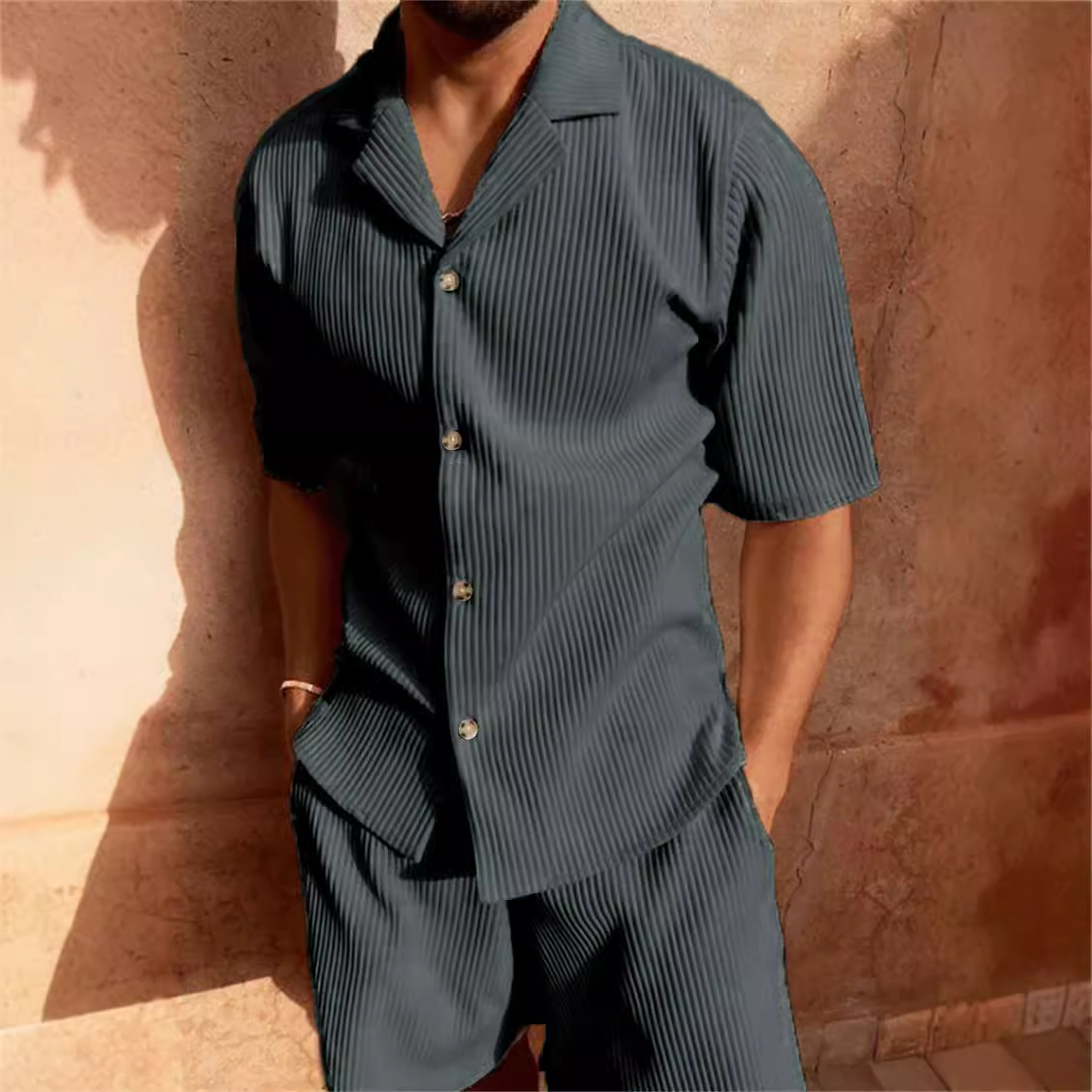 New corduroy casual lapel shorts suit sports men's solid color T-shirt shorts running training suit