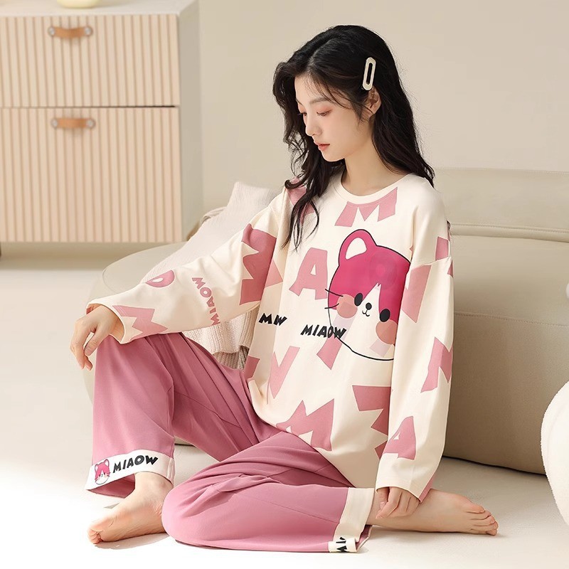 부드러운 귀여운 고양이 잠옷 여성의 봄과 가을 긴 소매 새로운 모조 면 소녀의 운동복 달콤한 귀여운 홈 의류 세트