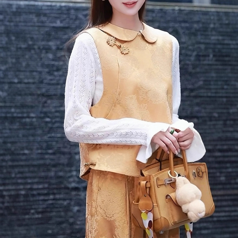 时尚减龄娃娃领人丝提花马甲新中式手工太阳花盘口设计背心上衣秋|undefined