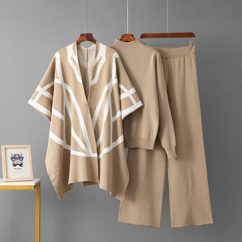 Casual Suit for Women in Autumn and Winter New Style Ladylike Lazy Style Knitted Sweater Shawl Cape Wide Leg Pants Three-Piece Set