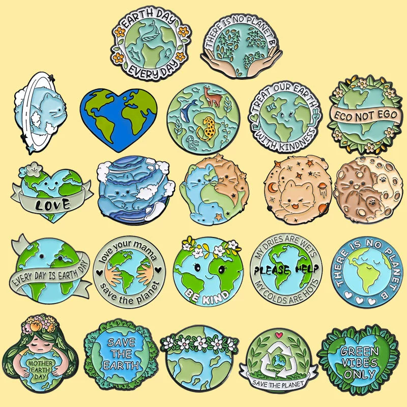 Экологичные эмалевые булавки-подвески, медали Earth-Love, зелёные экологические значки круглые, assorted designs