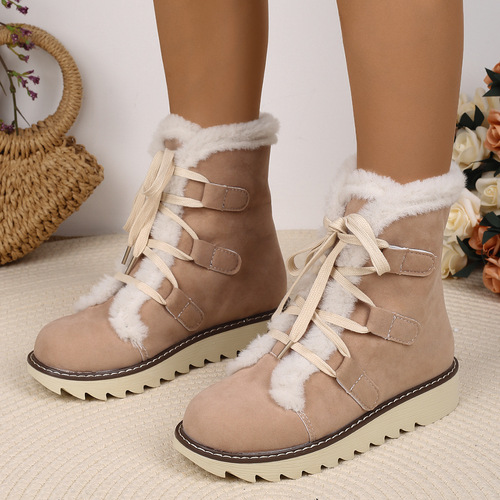 Large size snow boots for women in autumn and winter, European and American new style with velvet thick lace to keep warm, popular cotton boots for women