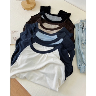 Wool Tencel Base Shirt Women's Contrast Stitching Long-sleeved T-shirt Autumn and Winter Inner Top Soft Waxy Crewneck Sweater