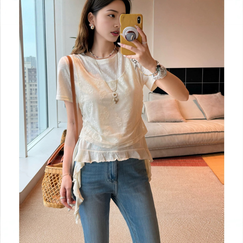 Korean Style Lace Splicing Fake Two-Piece Short-Sleeve T-Shirt for Women, Summer 2026, Plus Size, Unique and Special Design Top