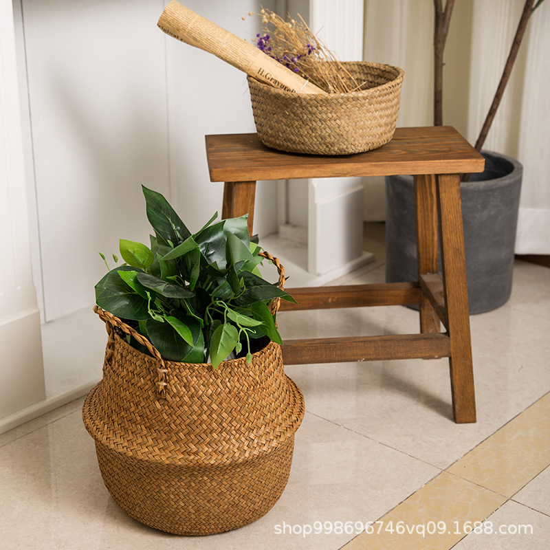 海草編み手提げかご 植物鉢 大容量折りたたみフラワーバスケット 手作り草編み家庭用品収納かご 卸売