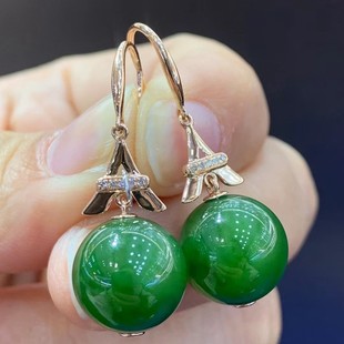 Fubei Diamond Jewelry [18K Gold Through-Hole Inlaid with Hetian Jasper Spinach Green Qibao Futia Earrings] 12m Large Round Beads