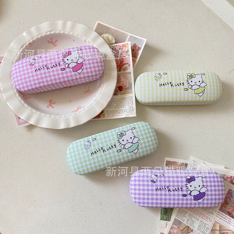 Small Fresh Japanese Style Plaid Cartoon KT Glasses Case High-value Anti-drop Anti-pressure Proximity Mirror Storage Box Portable for Students Small Fresh Japanese Style Plaid Cartoon KT Glasses Case High-value Anti-drop Anti-pressure Proximity Mirror Storage Box Portable for Students