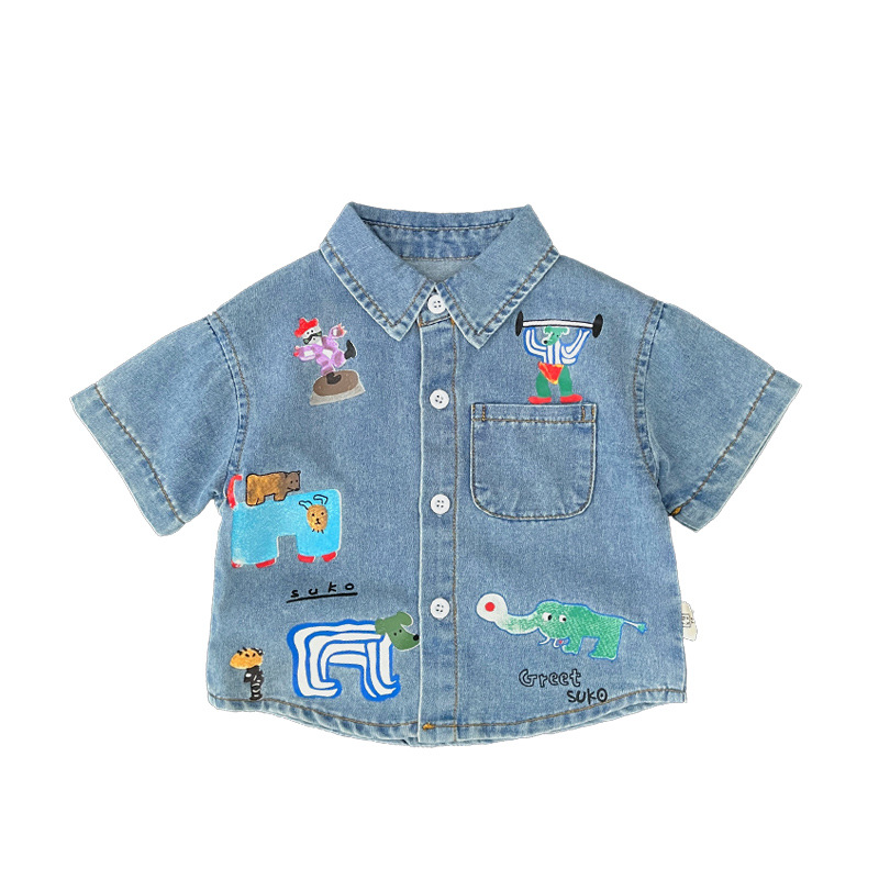Camisas creativas coreanas de dibujos animados para niños graffiti vaqueros para bebés de verano sueltas camisas de moda de manga corta para bebés