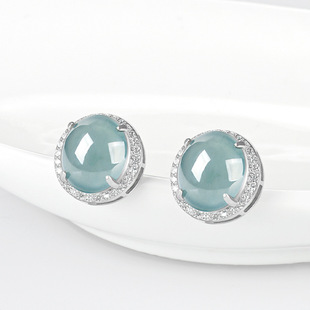 Natural A goods jade blue water big egg surface earrings ice jade stone S925 silver inlaid fashion high-end women's earrings