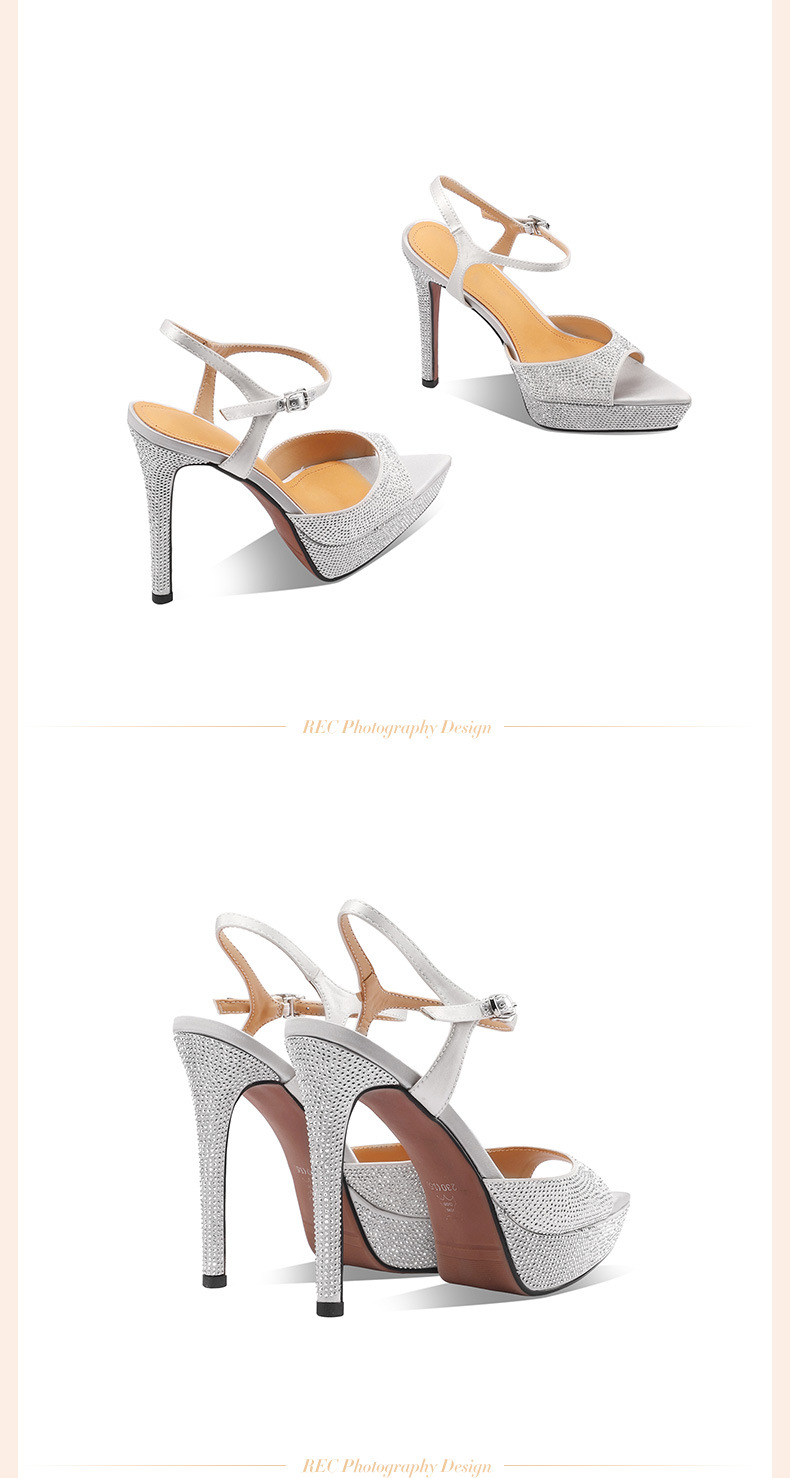 Sandal cao gót nữ mũi nhọn hở ngón, quai một chữ khóa, gót siêu cao 12 cm, đính đá lấp lánh — Màu đen (12 cm) chi tiết 5