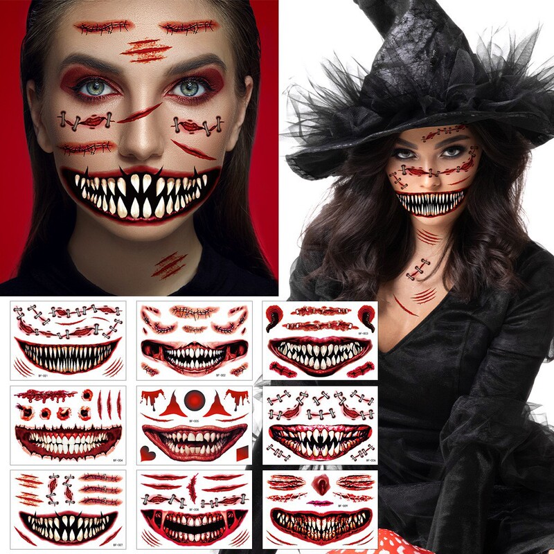 2024 Cross-border Hot Halloween Funny Mouth Face Tattoo Party Scar Horror Face Sticker Waterproof Sticker