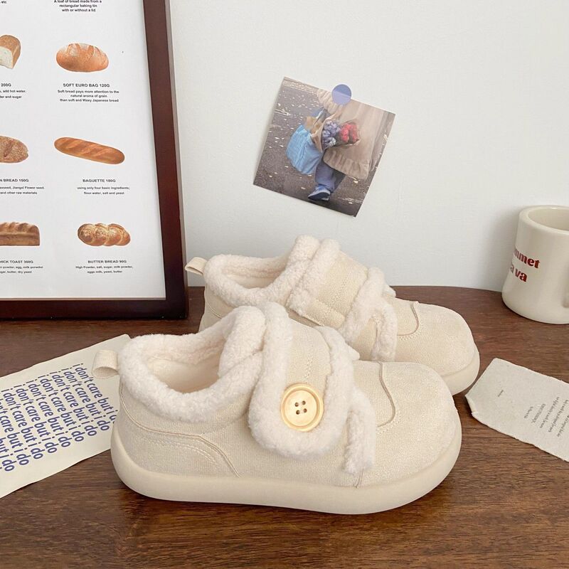 Milky White Velvet Velcro Sneakers for Women, Ugly and Cute Winter New Cotton Shoes, Chic Niche Snow Boots, Sports Slippers